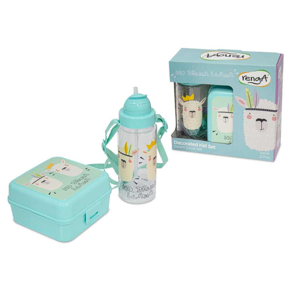 Pack Lunch Box et Gourde à paille en plastique Lama